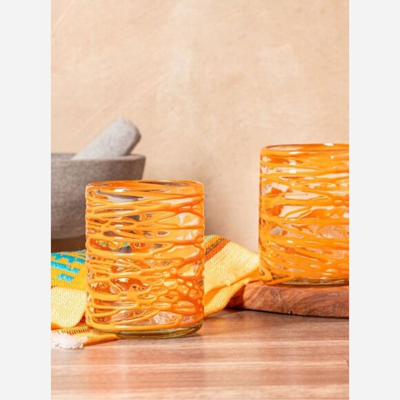 Handblown Mexican Orange Swirl Glasses – Set of 4 Artisan Recycled Glass - Picture 2 of 8